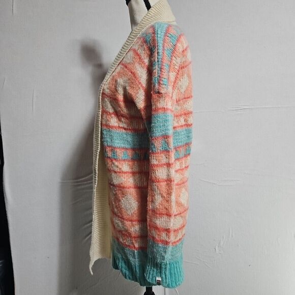 Roxy Women's Cardigan Sweater Oversize Aztec Pattern Tan,‎ Peach, Teal,  XS - Picture 2 of 12